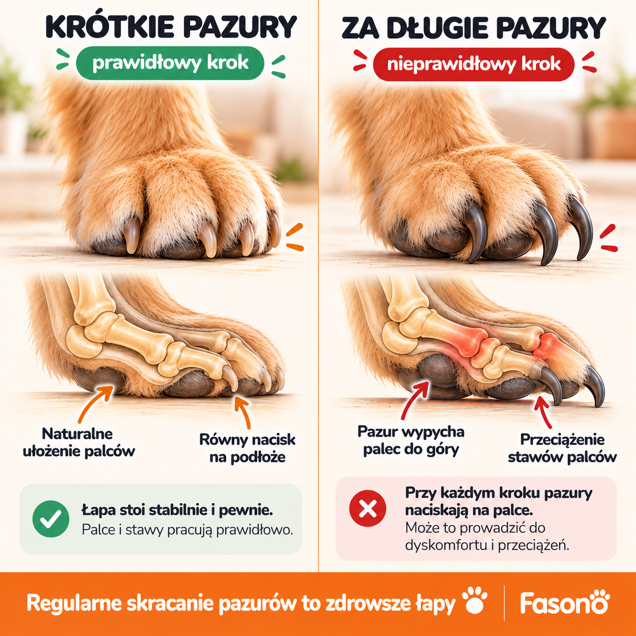 Krótkie a za długie pazury psa – wpływ na ułożenie łapy i palców